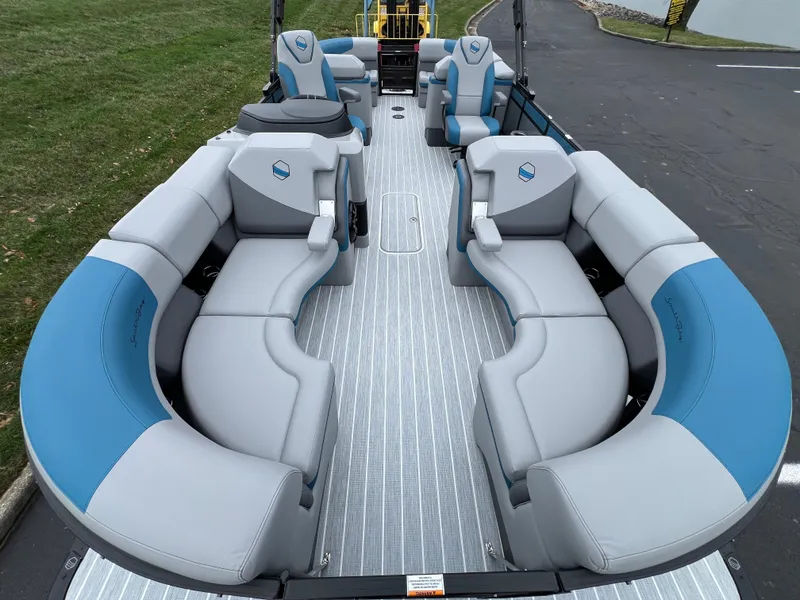 Slide: The Image of 2025 South Bay 523 RS3 3.0+ pontoon boat with spacious seating and modern design. - 9