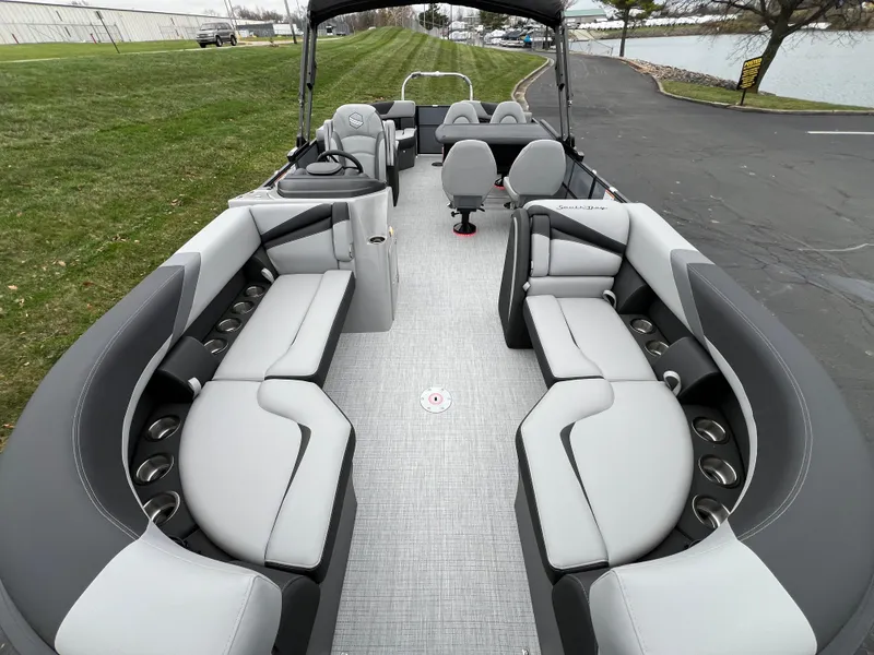 Slide: The Image of 2025 South Bay S224 ENTERTAINER 3.0 pontoon boat with spacious seating and modern design. - 6