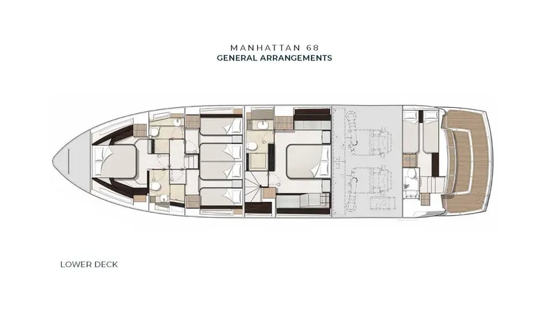 Slide: The Image of Sunseeker Manhattan 68 lower deck layout, 2022 model, showcasing cabin and living arrangements. - 10