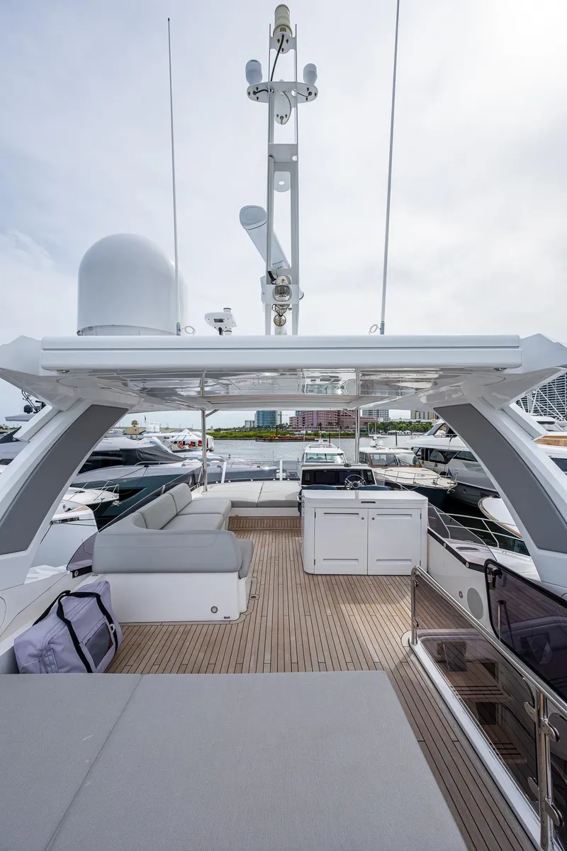 Slide: The Image of 2022 Sunseeker Manhattan 68 yacht deck with modern amenities and sleek design. - 47