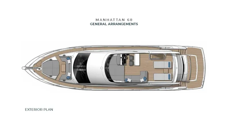 Slide: The Image of Sunseeker Manhattan 68 2022 yacht exterior plan, showcasing deck layout and general arrangements. - 8