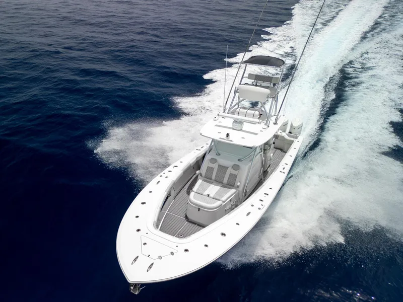 Slide: The Image of 2021 Front Runner 39 Center Console boat cruising on open water. - 6