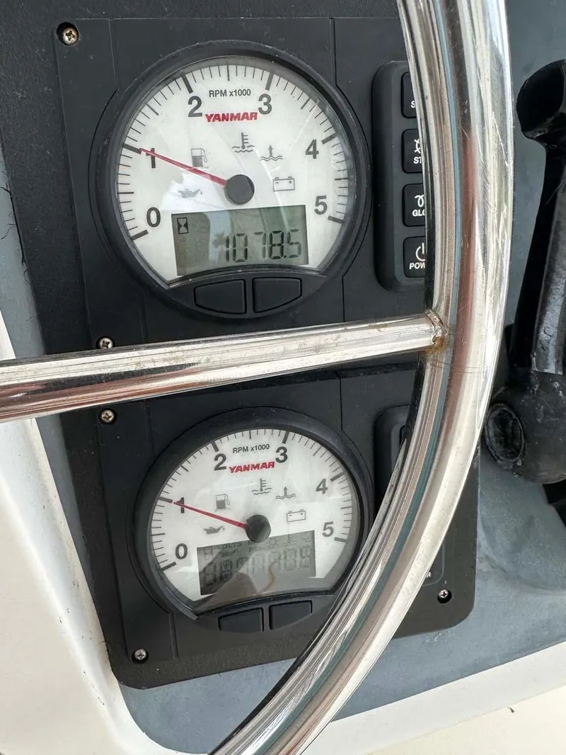 Slide: The Image of Close-up of Yanmar engine gauges on a 1998 Fountaine Pajot Athena 38 catamaran. - 28