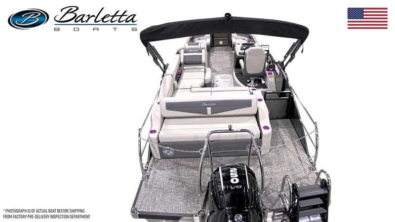 Slide: The Image of 2025 Barletta Cabrio 24U pontoon boat interior with seating and helm, featuring modern design. - 3