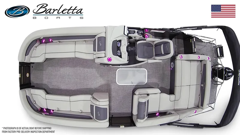 Slide: The Image of 2025 Barletta Cabrio 24U pontoon boat, top view, spacious seating, modern design. - 6