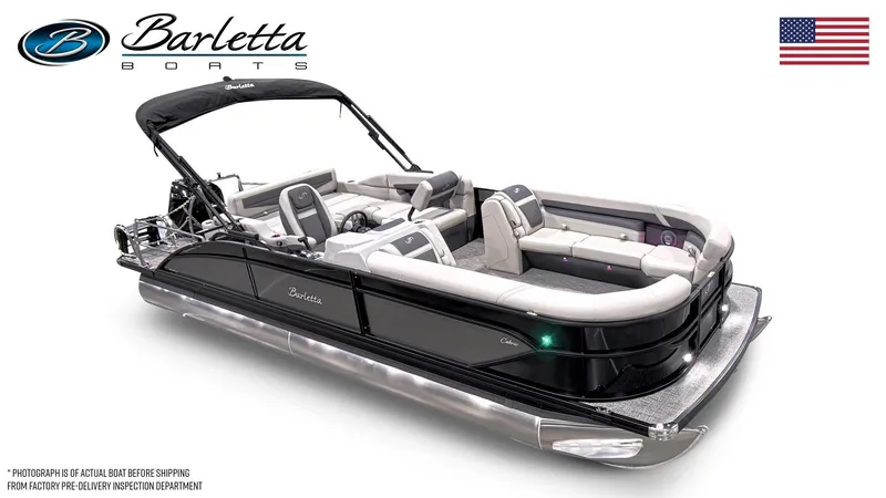 Slide: The Image of 2025 Barletta Cabrio 24U pontoon boat with sleek design and spacious seating. - 7