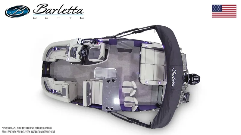 Slide: The Image of 2024 Barletta Cabrio 24 UE pontoon boat, top view, featuring spacious seating and modern design. - 3