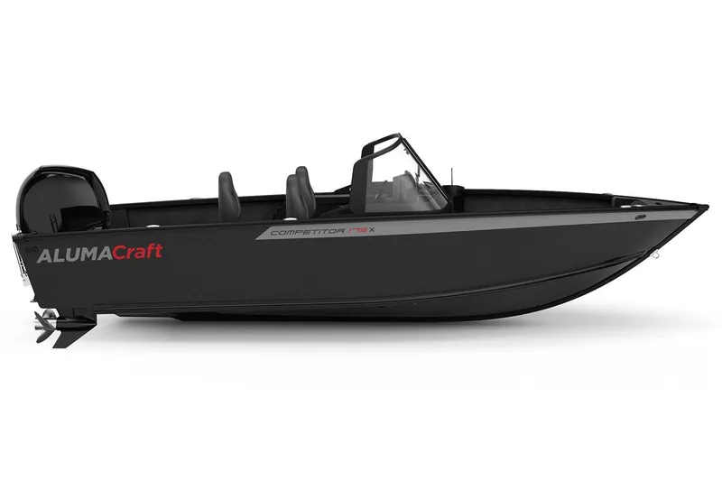 Slide: The Image of 2025 Alumacraft Competitor 175X Sport boat, sleek black design, side view. - 30