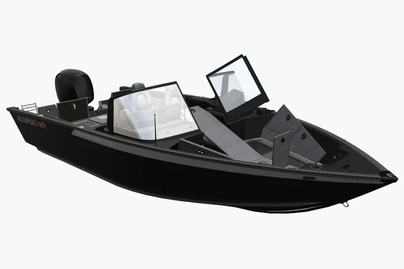 Slide: The Image of 2025 Alumacraft Competitor 175X Sport boat, sleek black design, open cockpit, modern features. - 33