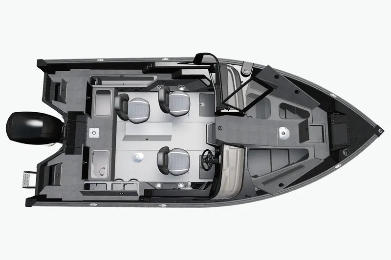 Slide: The Image of 2025 Alumacraft Competitor 175X Sport boat interior, top view, showcasing seating and layout. - 35