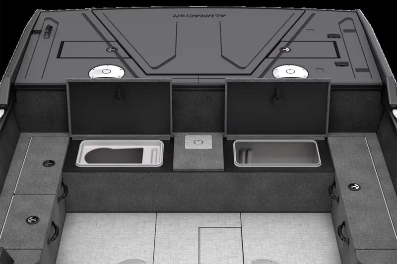 Slide: The Image of 2025 Alumacraft Competitor 175X Sport boat interior with storage compartments open. - 37