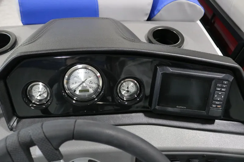 Slide: The Image of Dashboard of 2025 Bennington 22 S STERN RADIUS with gauges and Garmin display. - 13