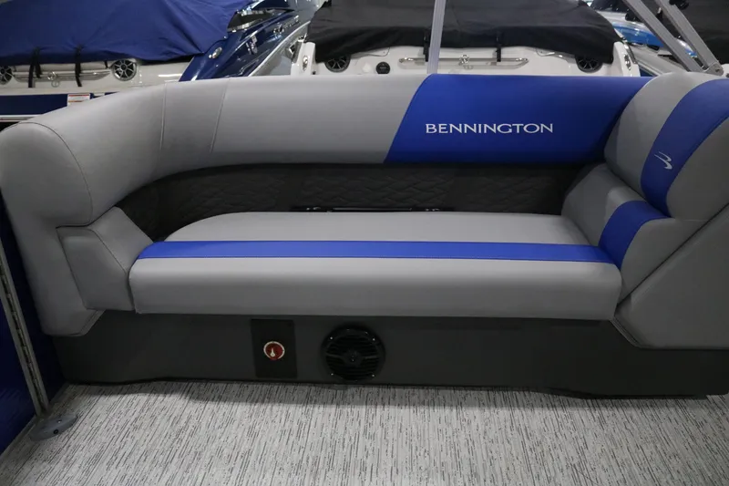 Slide: The Image of 2025 Bennington 22 S STERN RADIUS boat seating, gray and blue upholstery. - 17