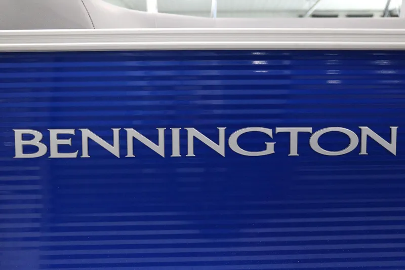 Slide: The Image of 2025 Bennington 22 S STERN RADIUS boat, blue exterior with logo. - 24