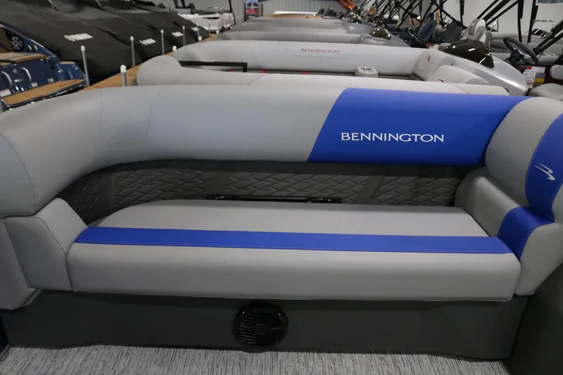 Slide: The Image of 2025 Bennington 22 S STERN RADIUS boat seating, gray and blue upholstery. - 5