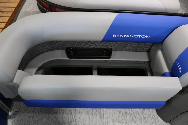 Slide: The Image of 2025 Bennington 22 S STERN RADIUS boat seating with blue and gray upholstery. - 6