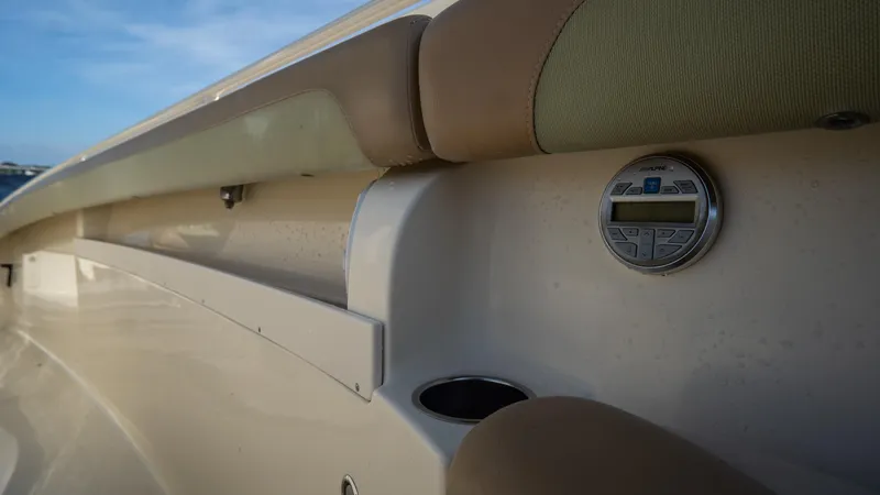 Slide: The Image of Close-up of 2012 Scout 345 XSF boat interior detail with gauge. - 28