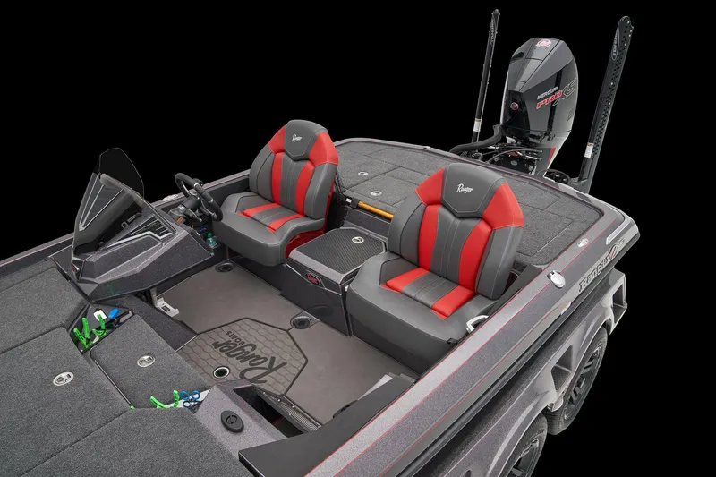 Slide: The Image of 2025 Ranger Z519R boat interior with red and gray seats, sleek design. - 13