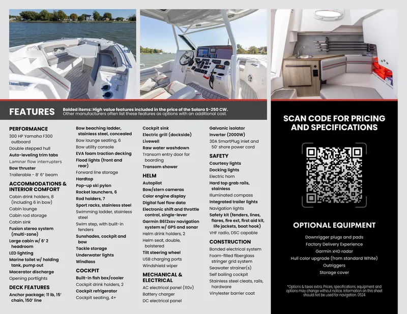Slide: The Image of Brochure for 2025 Solara S-250 CW boat featuring interior, cockpit, and specifications. - 2