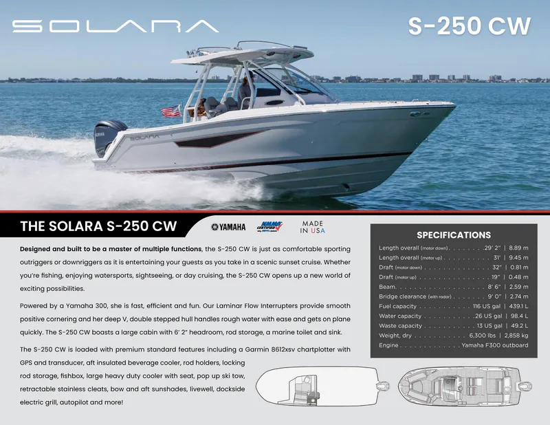 The Image of 2025 Solara S-250 CW boat cruising on water, showcasing sleek design and advanced features. - 0