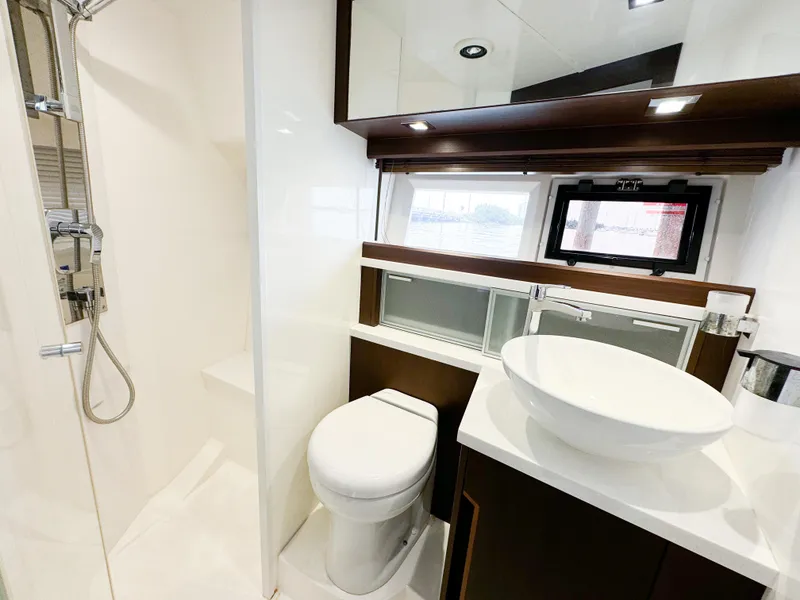 Slide: The Image of Luxurious bathroom in 2016 Galeon 420 Fly yacht with modern fixtures and elegant design. - 36