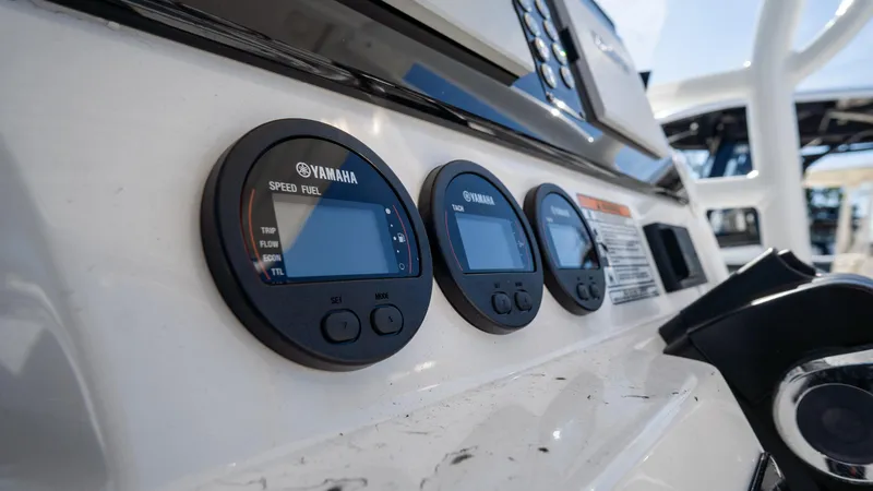 Slide: The Image of Close-up of 2024 Sea Fox 268 Commander dashboard with Yamaha gauges. - 28