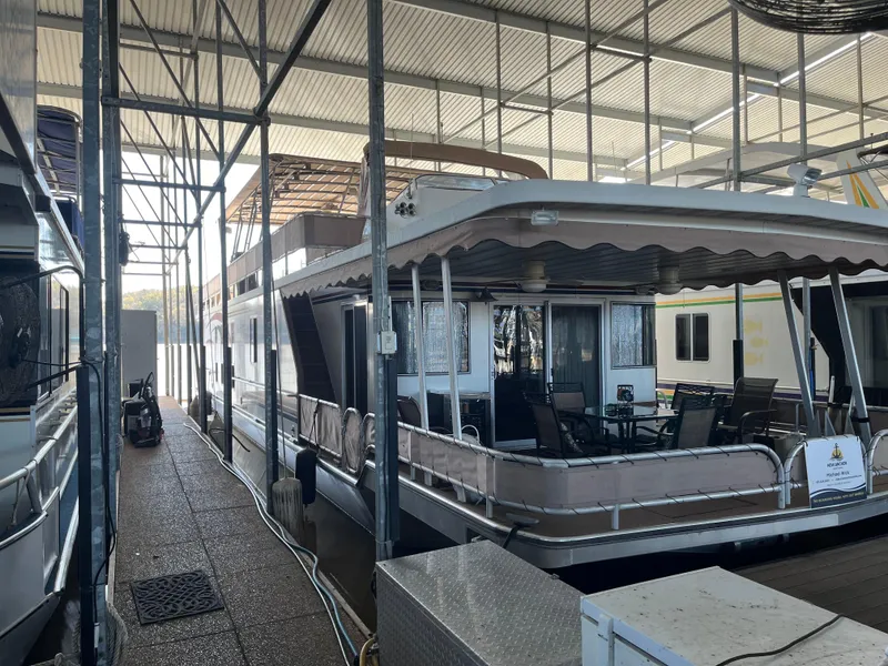 Slide: The Image of Houseboat in marina, Sharpe 75 model, 2001, under covered dock. - 3