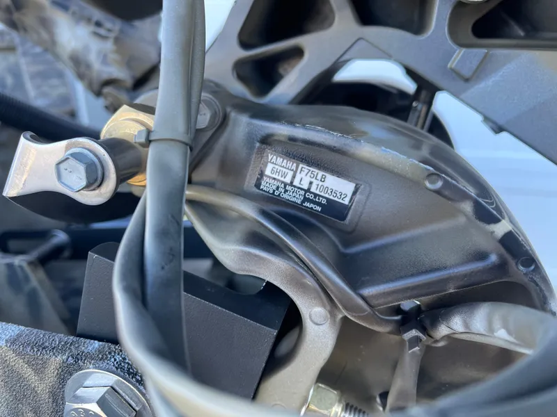 Slide: The Image of Close-up of Yamaha F75LB engine part on 2025 Excel 1860 F4 Shallow Water boat. - 11