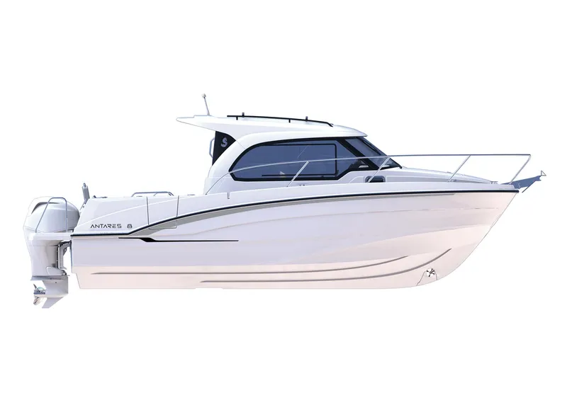 Slide: The Image of 2024 Beneteau Antares 8 V2 boat, sleek white design, side view. - 13