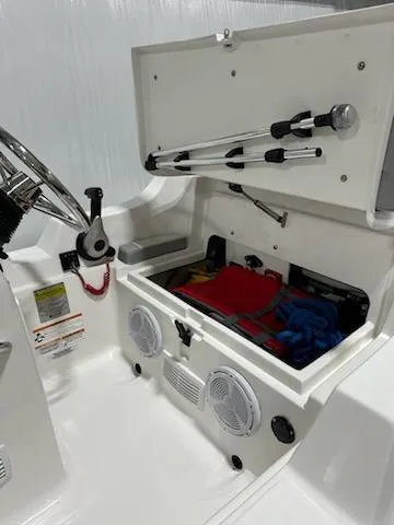 Slide: The Image of 2020 AB Inflatables 12dlx boat storage compartment with speakers and accessories. - 8