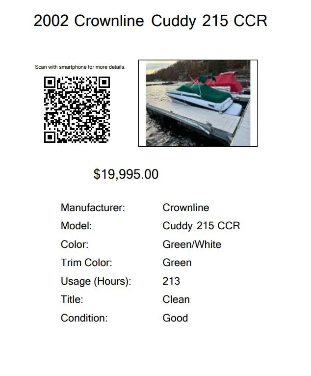Slide: The Image of 2002 Crownline 215 CCR boat for sale, green/white, 213 hours, good condition, $19,995. - 2