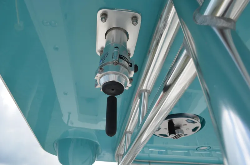 Slide: The Image of Close-up of 2008 Jersey Cape 31 Little Devil boat control lever. - 46