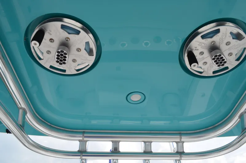 Slide: The Image of 2008 Jersey Cape 31 Little Devil boat ceiling with metal fixtures and turquoise finish. - 47
