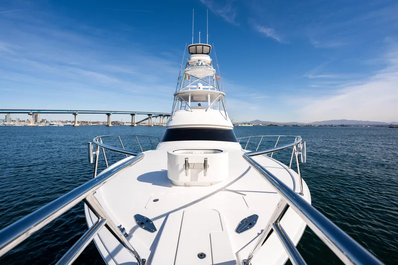 Slide: The Image of Aerial view of 2022 Viking 54 Convertible yacht on calm water. - 39