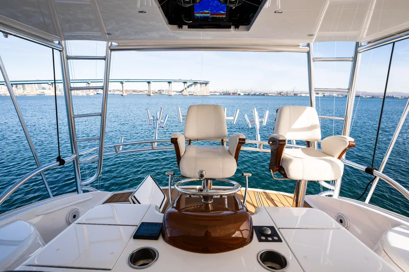 Slide: The Image of 2022 Viking 54 Convertible yacht helm with ocean view and bridge in background. - 41