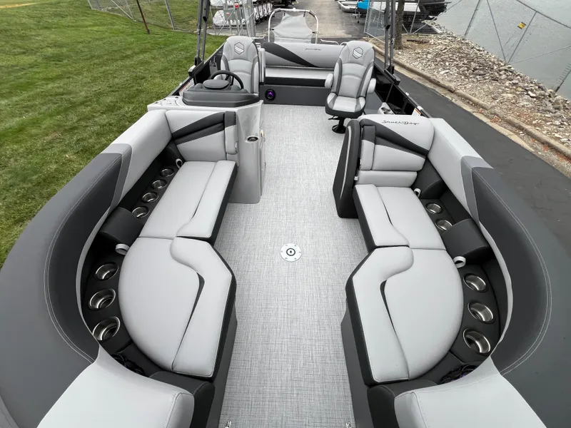 Slide: The Image of 2025 South Bay S224 UL pontoon boat with spacious seating and modern design. - 6