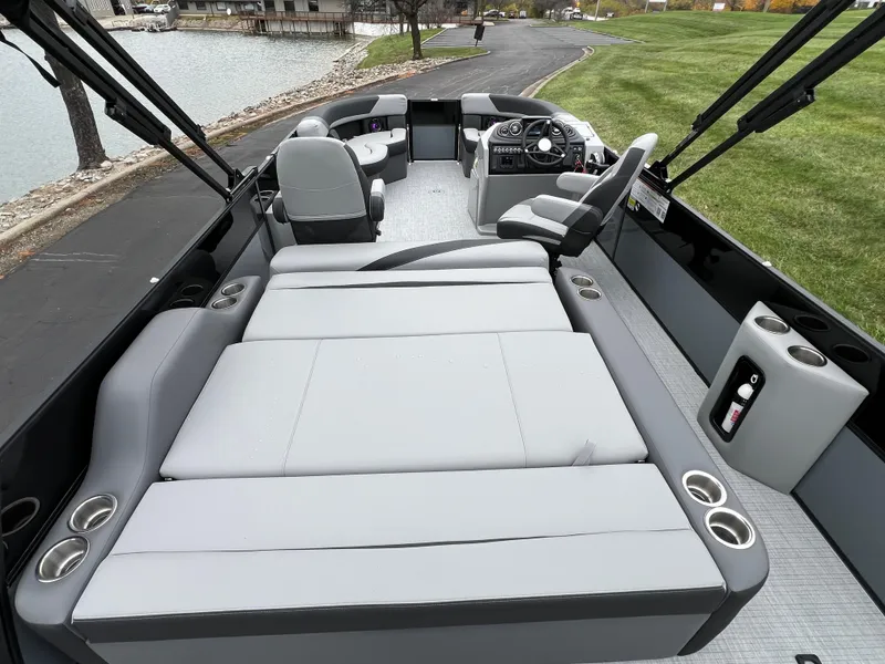 Slide: The Image of 2025 South Bay S222 UL pontoon boat interior with spacious seating and modern design. - 18