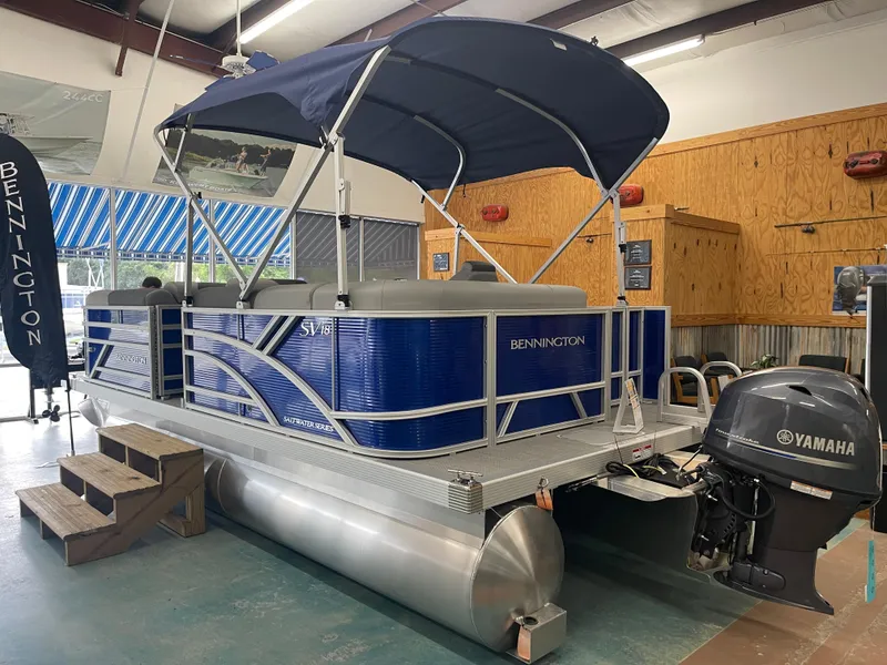 Slide: The Image of 2024 Bennington 188SVLSR pontoon boat with Yamaha motor in showroom. - 5