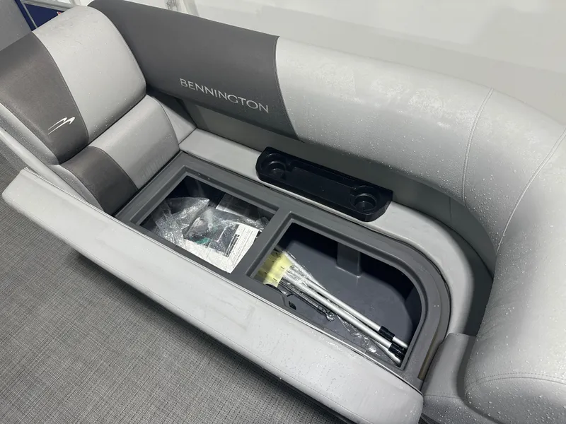 Slide: The Image of 2024 Bennington 20SVLSR boat seat with storage compartment, gray upholstery. - 23