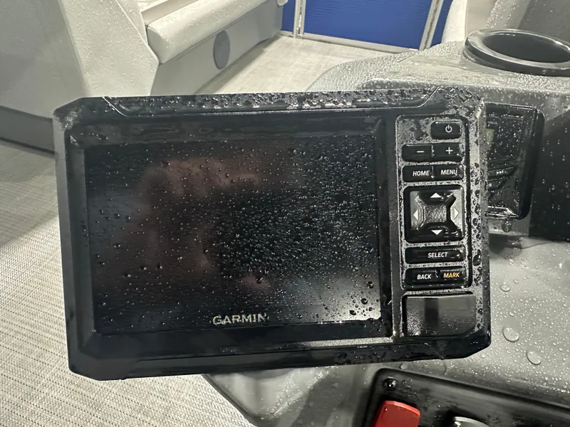 Slide: The Image of Garmin display on 2024 Bennington 20SVLSR boat, covered in water droplets. - 28