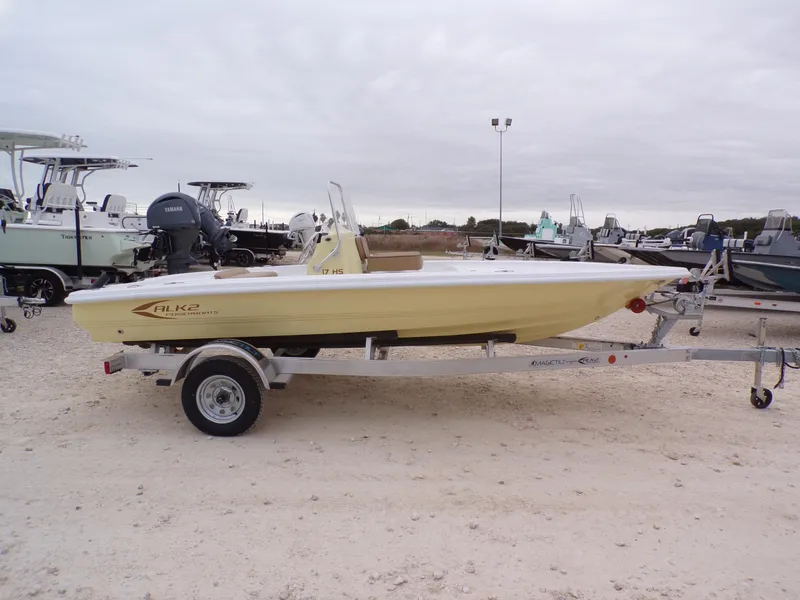 Slide: The Image of 2024 K2 Powerboats 17HS on trailer, displayed outdoors with other boats. - 17