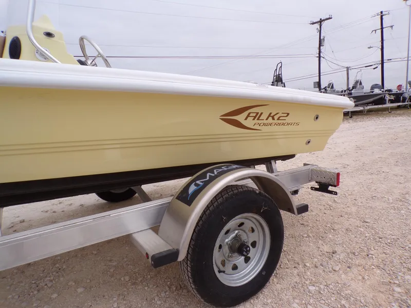 Slide: The Image of 2024 K2 Powerboats 17HS on trailer, side view, showcasing logo and design. - 5