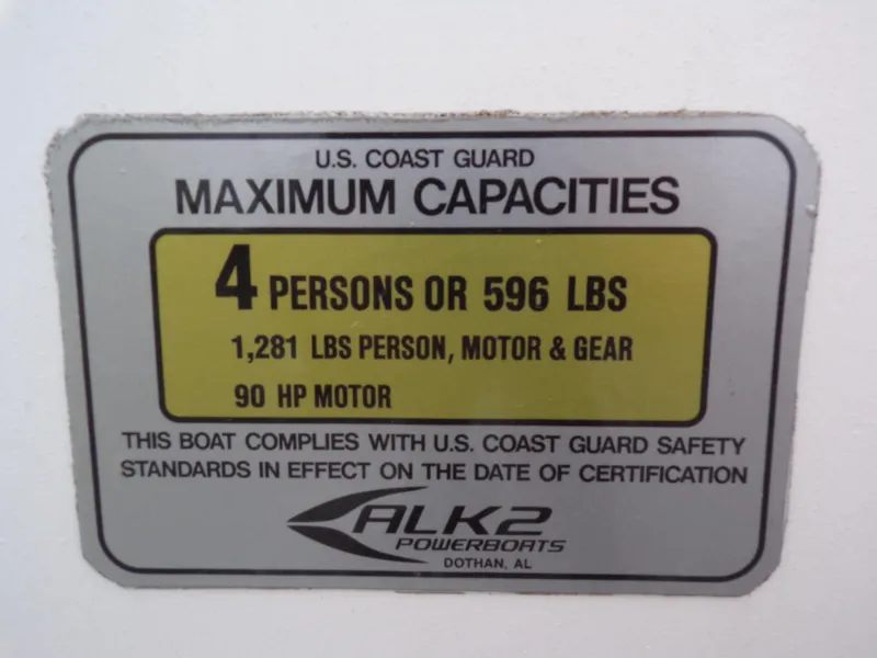 Slide: The Image of 2024 K2 Powerboats 17HS capacity label: 4 persons, 596 lbs, 90 HP motor. - 6