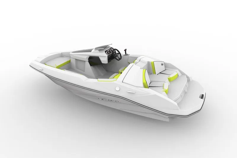 Slide: The Image of 2017 Scarab 165 G boat, white with lime green accents, sleek design. - 10