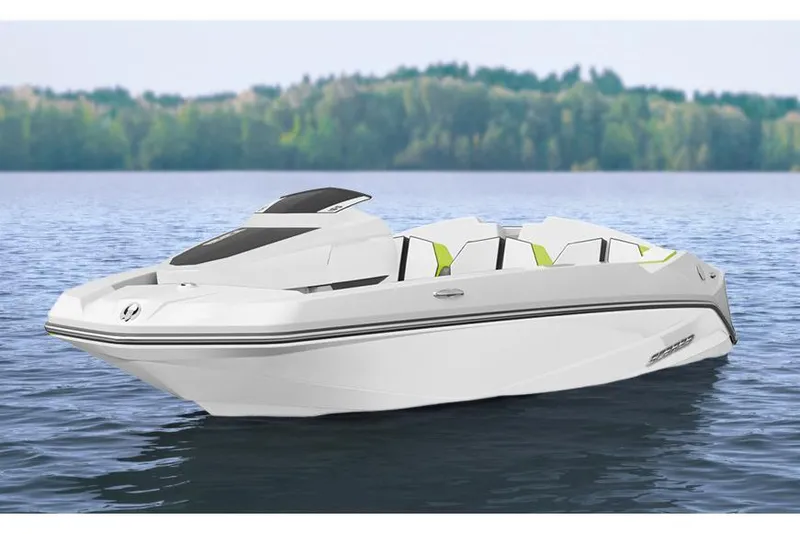 Slide: The Image of 2017 Scarab 165 G boat on a serene lake with forested background. - 6