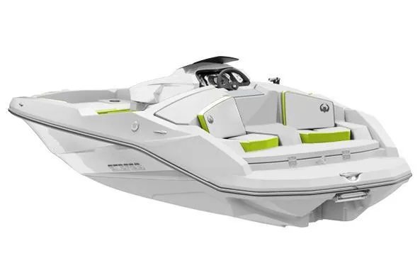 Slide: The Image of 2017 Scarab 165 G boat, sleek white design with green accents, modern interior. - 8