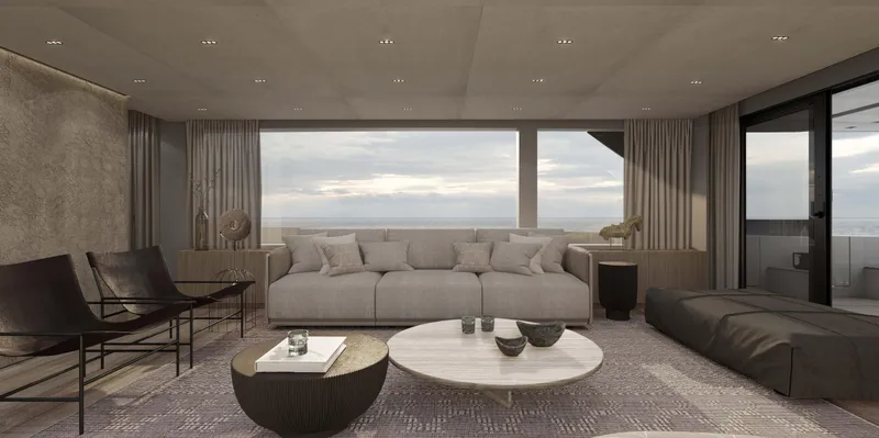 Slide: The Image of Luxurious interior of 2026 Sanlorenzo 86A yacht with modern furnishings and ocean view. - 10
