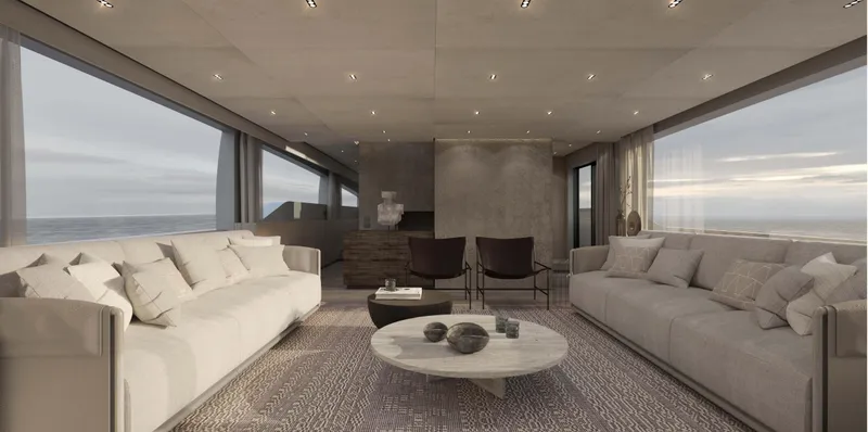 Slide: The Image of Luxurious interior of 2026 Sanlorenzo 86A yacht with modern sofas and ocean view. - 11