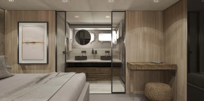 Slide: The Image of Luxurious Sanlorenzo 86A 2026 yacht interior with modern bathroom and elegant wood finishes. - 16
