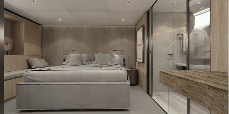 Slide: The Image of Luxurious bedroom interior of 2026 Sanlorenzo 86A yacht, featuring modern design and elegant furnishings. - 17